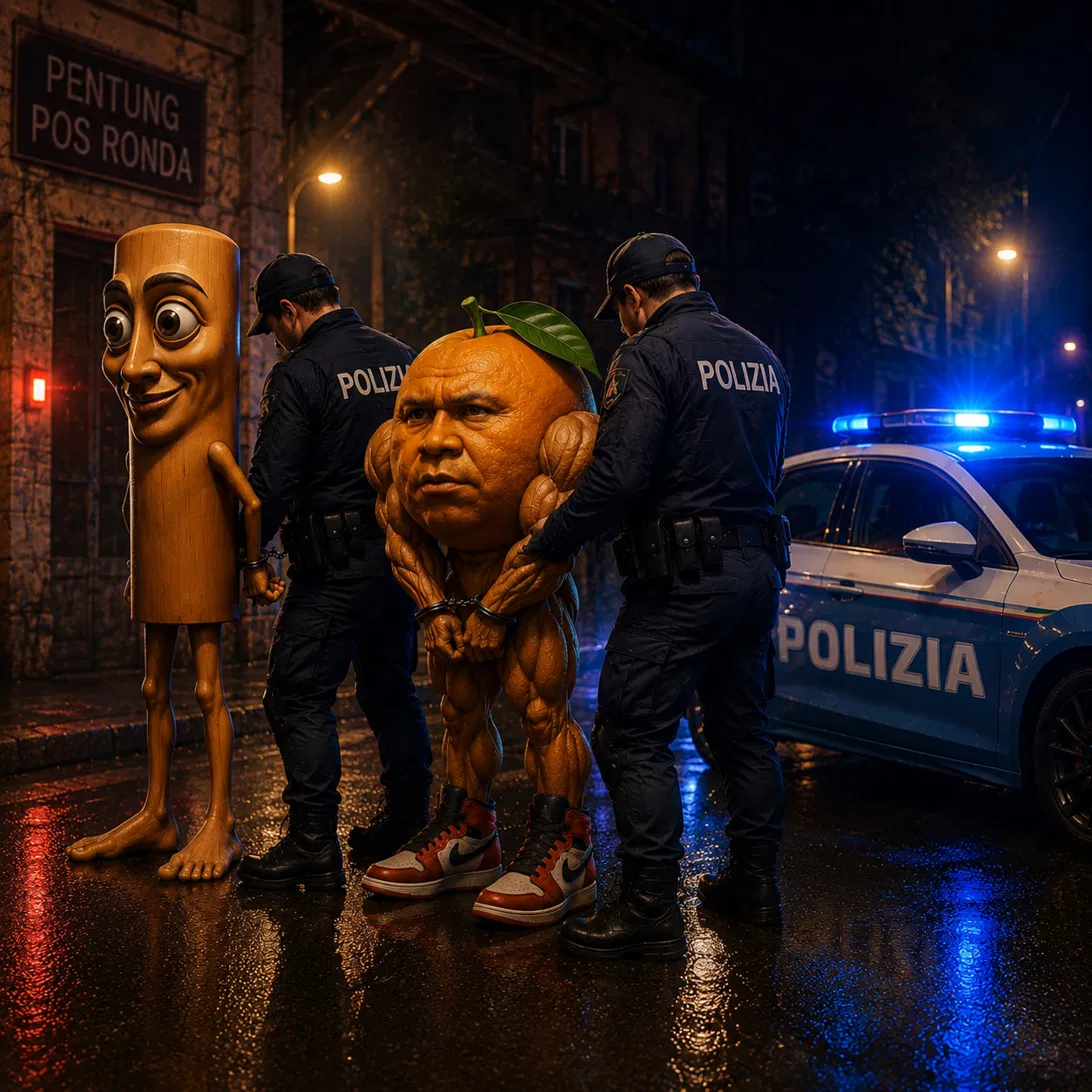 Police detaining the orange brainrot character beside Tung Tung Tung Sahur